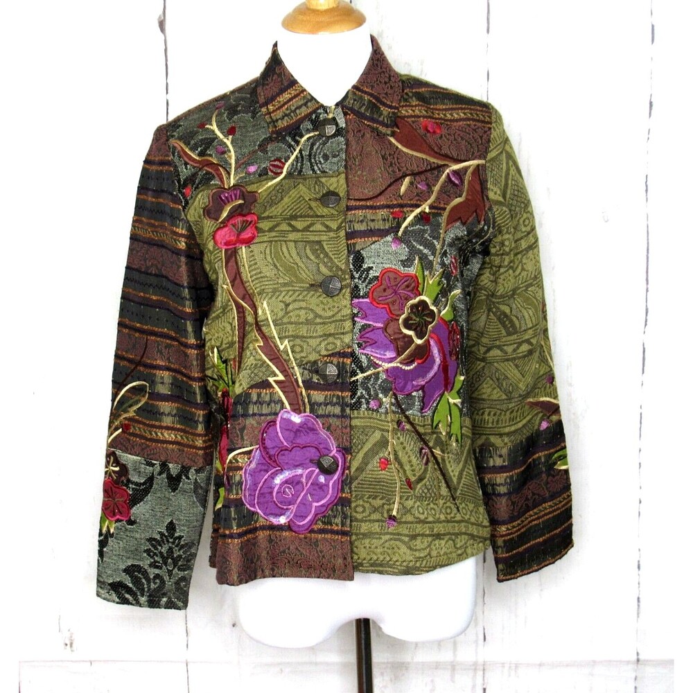 Coldwater Creek Women's Size PS Blazer Button Up Green Floral Jacquard Sequins